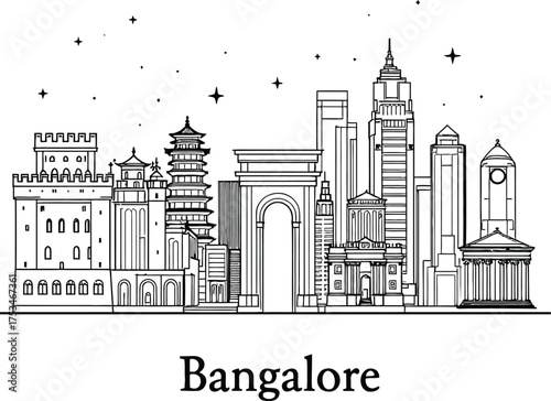 Bangalore Skyline Silhouette Vector Featuring Traditional, Modern, and Classical Architecture with City Name in Line Art Style