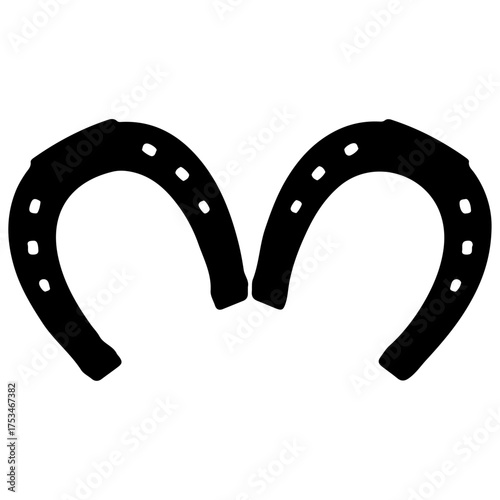 Black Vector Silhouette of Two Crossed Lucky Horseshoes Icon, Isolated Equestrian Emblem: Double Horseshoe Mascot Logo Graphic, emblem symbolizing double luck, good fortune, and protection. 