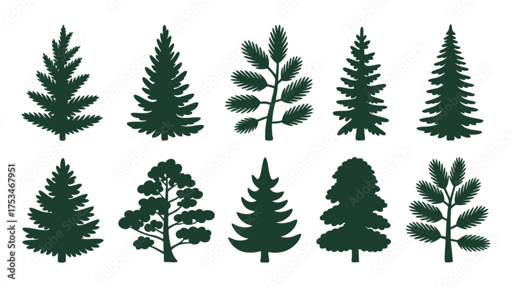 Obraz premium Collection of stylized evergreen tree silhouettes for design