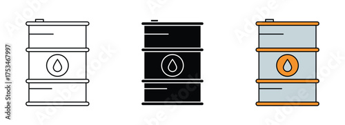 Oil Barrel Icon Set — Outline, Solid, and Color Style Industrial Petroleum Drum Vector Illustration