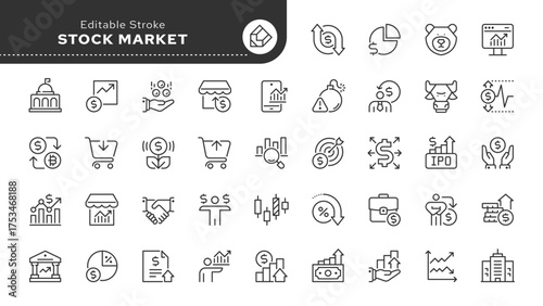 Stock market line icon set. Finance, investment, profit, trading, bear, bull, shareholder, exchange, market analysis and more. Outline icon in linear style. Vector collection.	