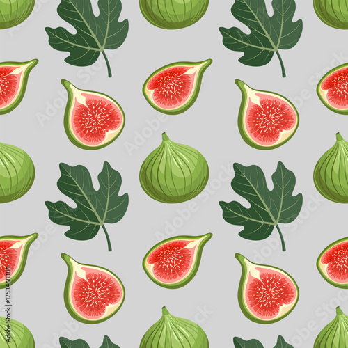 Fresh fig fruit and leaves seamless pattern. Exotic fig  repeat design. Tropical fruit background.