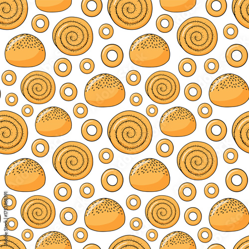 Round buns with sesame seeds, snails with poppy seeds, bagels, seamless pattern, vector illustration. Bakery products. Doodle style.