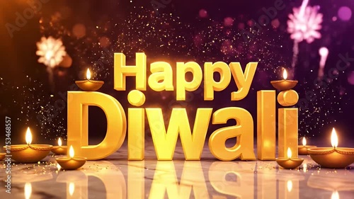 3D Golden Happy Diwali Text With Diya Lamps And Fireworks festival celebration