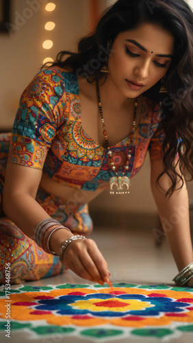 Young Indian woman creating vibrant rangoli design on floor during Diwali festival celebration in traditional ethnic attire