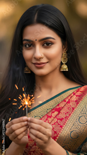 Beautiful Indian woman in traditional saree holding sparkler during Diwali celebration with warm festive ambiance