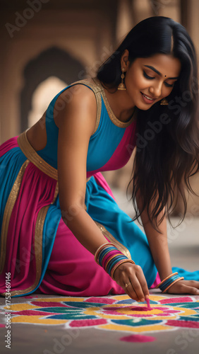 Smiling Indian woman creating colorful rangoli design during Diwali festival celebration wearing traditional dress