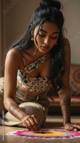 Young Indian woman creating colorful rangoli art with henna design on hands during Diwali festival celebration