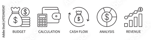 Budget step icons. Step signs consist of budget, calculation, cash flow, analysis, and revenue in line style on a white background. Vector illustration