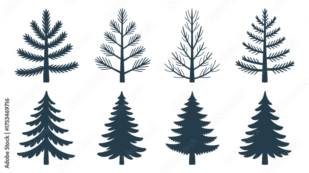 Obraz premium Collection of stylized evergreen and bare tree silhouettes