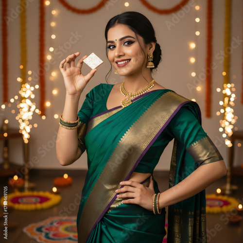 Smiling Indian woman in traditional green saree holding sweet during Diwali celebration with festive lights in background