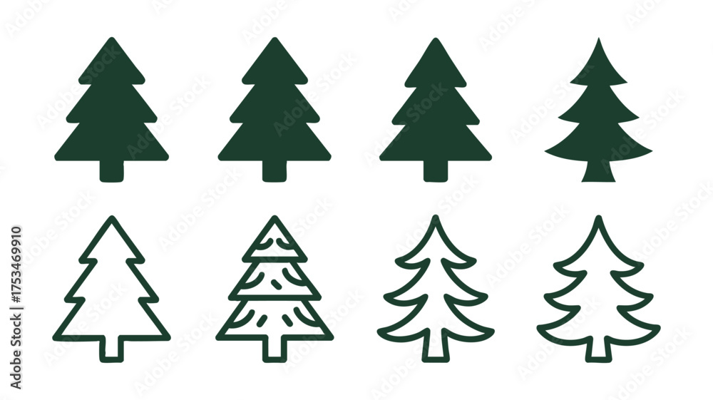 Obraz premium Collection of stylized christmas tree icons in dark green and outline