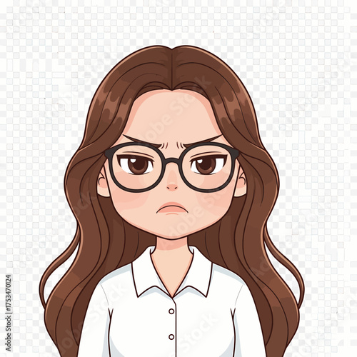 Cartoon Image of a Businesswoman with an Annoyed Expression Wearing Glasses and a White Shirt