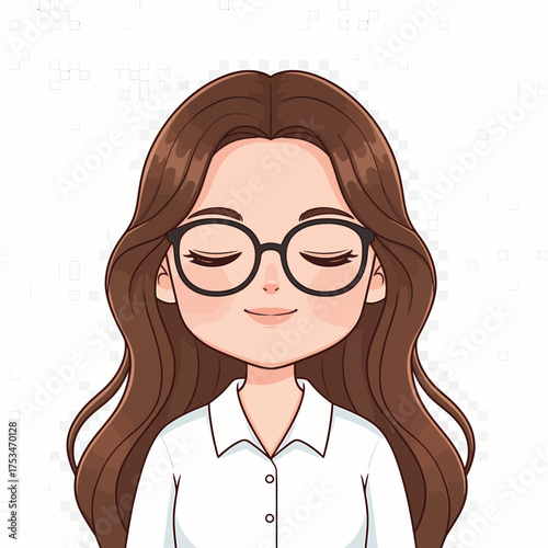 Cute cartoon illustration of a serene young woman with long brown hair and glasses, smiling peacefully with her eyes closed on a white background
