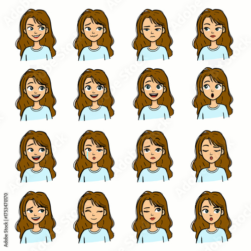 Cartoon girl character creator set featuring sixteen different facial expressions and human emotions