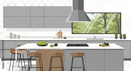 Modern Kitchen Interior with Island, Cabinets, and Window View Home Design Concept