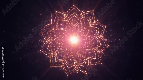 Glowing Pink Mandala with Sparkles and Light Rays geometric pattern