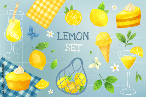 Lemons, flowers and summer drinks. Cute watercolor illustration of lemons. Summertime watercolor with citrus charm
