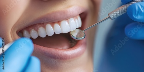 A woman is getting her teeth cleaned by a dentist