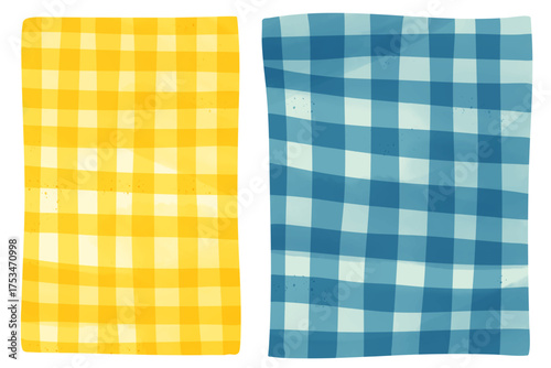 Watercolor napkin set. Yellow and blue checkered cloth. Hand painted picnic textile illustration.