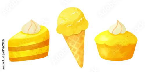 Watercolor lemon sweets. Ice cream and pastry set with citrus. Yellow cakes