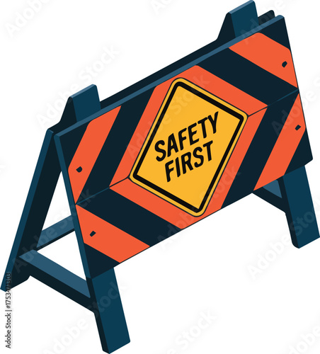 Vector art of isometric safety barrier with safety first sign