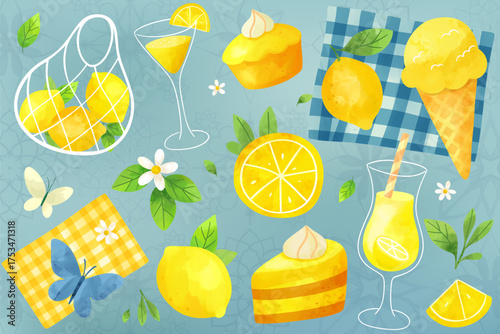 Watercolor lemon set with drinks, desserts and leaves.  Bright summer illustration with citrus fruits for posters and packaging