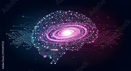 Abstract AI Neural Network Galaxy. Imagine a brain-shaped nebula of glowing nodes and interconnecting lines floating in space
