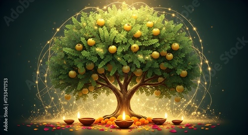 Amla Navami: Sacred Indian Gooseberry Tree Glowing with Golden Lights and Diyas