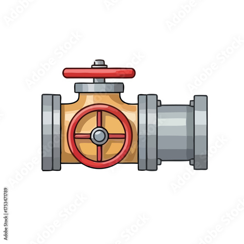 Vibrant cartoon illustration of a sturdy industrial pipeline valve with a bright red handwheel, ideal for projects related to plumbing systems, fluid control, and engineering schematics