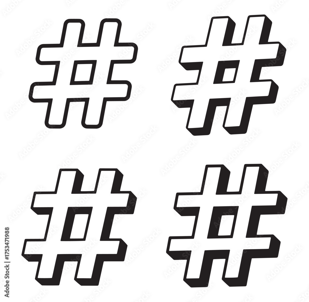 Obraz premium Four black and white 3d hashtag symbols representing social media and trends