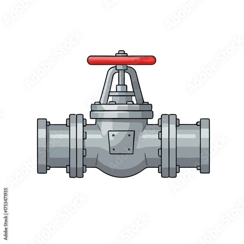 Detailed illustration of a metal valve with a red handle, commonly used in industrial settings