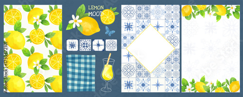 Watercolor lemons set with leaves, lemonade, mediterranean tiles. Frame, pattern for background, card, poster or invitation.