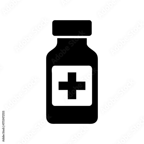 Medicine Bottle Silhouette Vector Icon with Cross Symbol