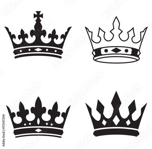 Four detailed black and white vector illustrations of royal crowns with various designs