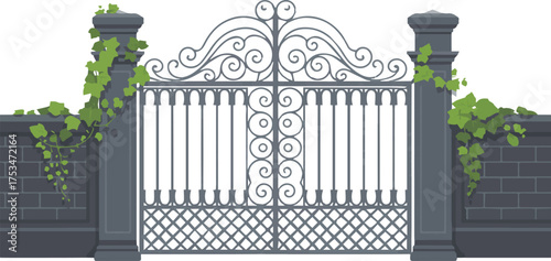 Illustration of an ornate gate with brick pillars