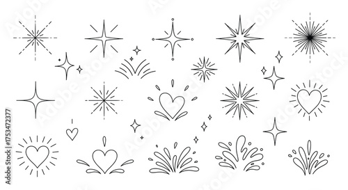 Sparkle and Heart Collection: Hand-Drawn Starbursts, Star Sparks, and Love Heart Illustrations for Festive Celebrations and Romantic Design Projects.