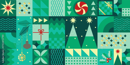 Abstract geometric background Happy Christmas and New Year with minimalistic Christmas symbols, stars, Christmas trees, and gifts. Modern seamless pattern in monochrome green and turquoise