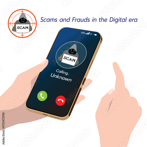 Illustration of a smartphone showing an incoming scam call, representing online fraud, phone scams, and cybercrime awareness in the digital age