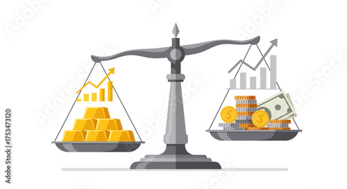 Financial Investment Comparison Gold Bars and Stacks of Currency Balanced on a Scale, Illustrating the Value and Growth Potential of Different Assets in the Global Economy
