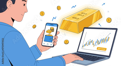 Man managing digital investments and wealth online, utilizing a smartphone and laptop to track financial growth with gold assets and cryptocurrency