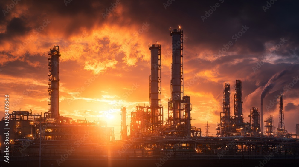 Fototapeta premium Industrial oil refinery plant with tall metal towers under dramatic sunset sky