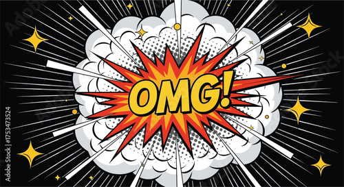 Pop Art Style "OMG!" Explosion with Bursting Rays and Cloud, Comic Book Vector Design for Creative Projects, Isolated on Black Background