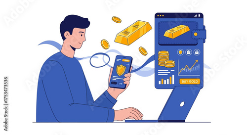 Modern financial technology illustration depicting a man investing in digital gold and managing assets securely through mobile banking and online platforms for wealth growth