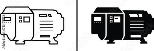 Industrial Machine in Outline: A machine displayed in both outline and solid variations. This image represents industrial technology.