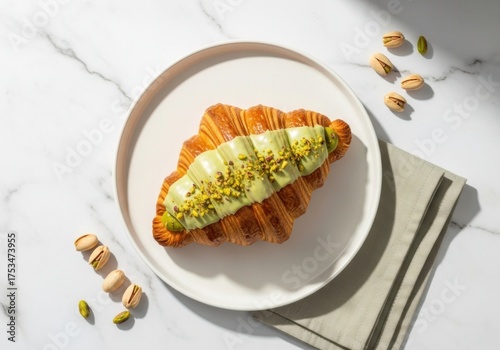 Pistachio-Glazed Croissant on Plate — Gourmet Pistachio Pastry Top View