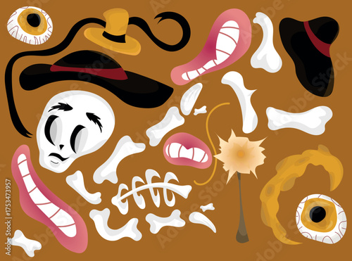 Halloween Bones and Skulls Vector Pattern with Eyes, Hats and Spooky Elements.eps