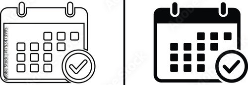 Calendar Mark: Two minimalistic calendar icons, one filled and the other an outline, displaying a selected date indicated by a checkmark, perfect for scheduling and planning themes.