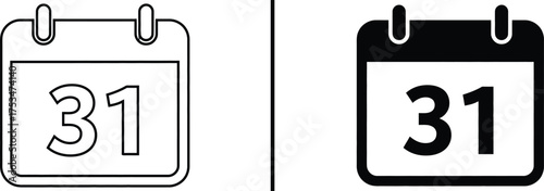 Calendar Icon: A versatile pair of calendar icons featuring the number 31, presented in both black and white outline, symbolizing a specific date, deadlines, or events.