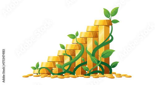 Financial Growth Illustrative Bar Chart of Gold Bars Ascending with Vines and Leaves